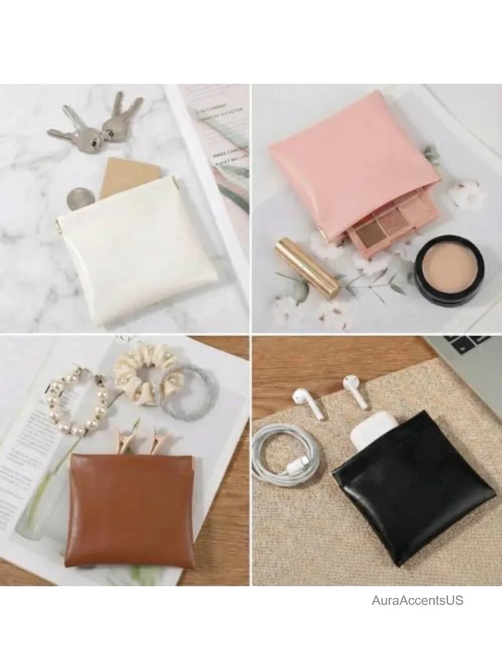 Mini Faux Leather Cosmetic Bags for Purse 4 Pack - Waterproof Snap Closure
